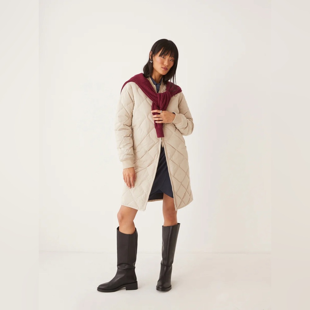 Frank & Oak Cream Quilted Long Puffer Coat with Burgundy Sweater Accent